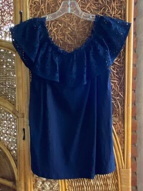 Caslon Nordstrom 100% Cotton Navy Eyelet Ruffle Off-Shoulder Top Size Medium